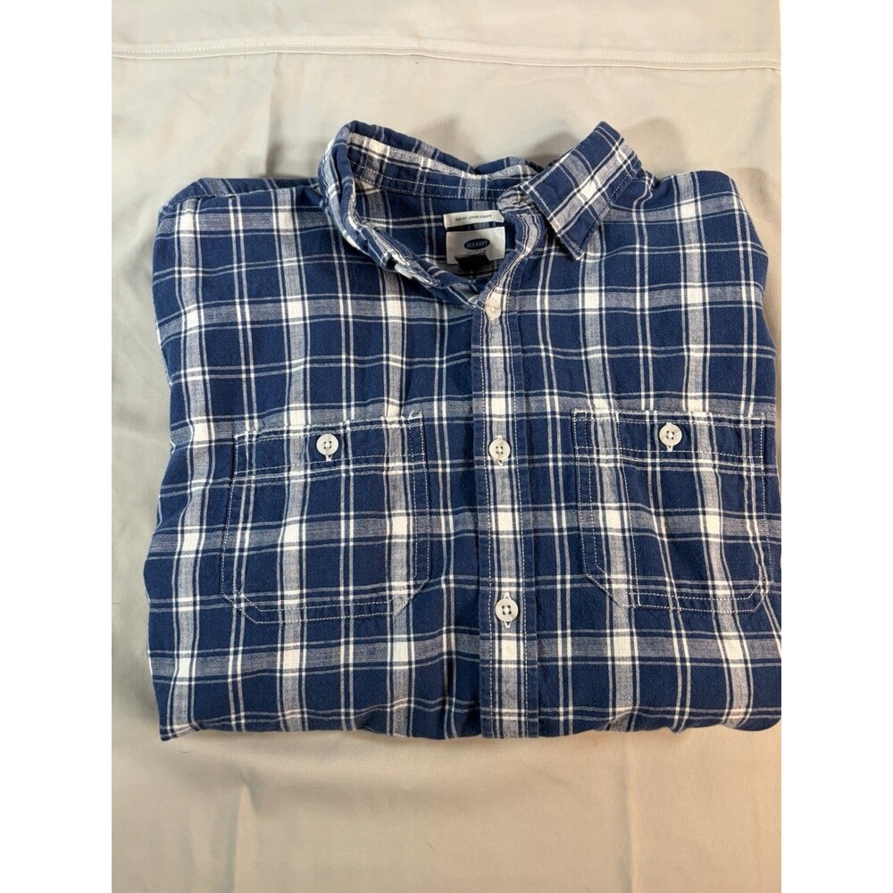 Old Navy Blue Plaid Slim Fit Button-Down Shirt Size Large Long-Sleeve, EUC